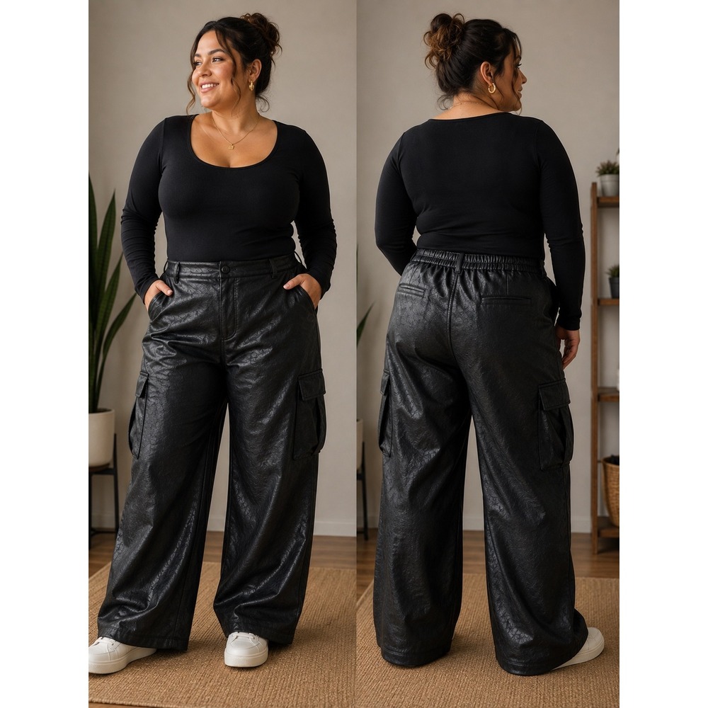 Willow + Root Black Faux Leather Wide Leg Cargo Pants XL Black Textured